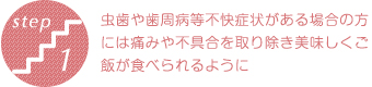 虫歯や歯周病等不快症状がある場合の方には痛みや不具合を取り除き美味しくご飯が食べられるように